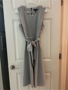 Chaps Black and White Gingham Tie-Waist Midi Dress